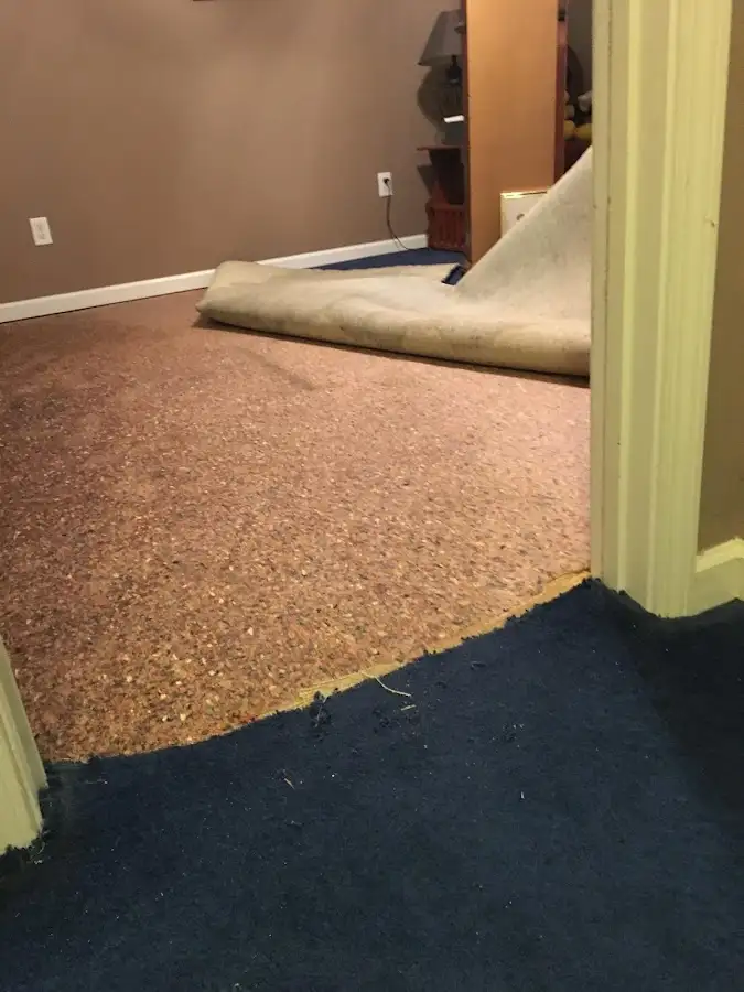 Carpet pad removal revealing water damage during Water Mitigation Services in Cypress